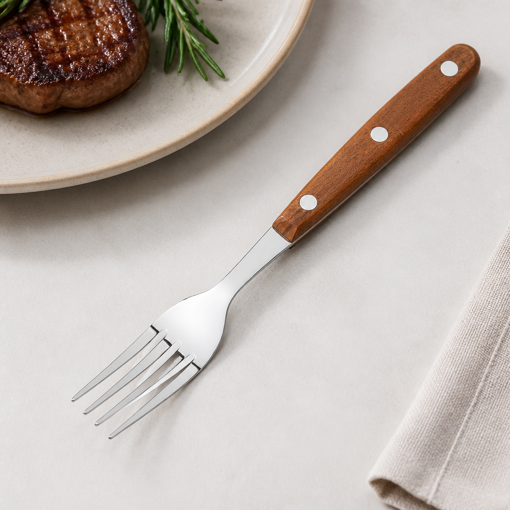 Commercial Steak Forks Set of 12 with Wood Effect Handles