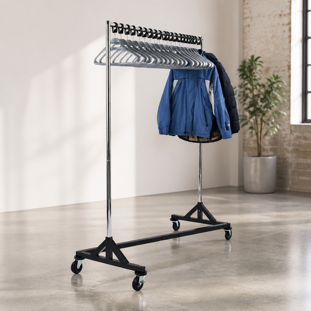 Commercial Garment Rail with 20 Hangers and Heavy-Duty Wheels