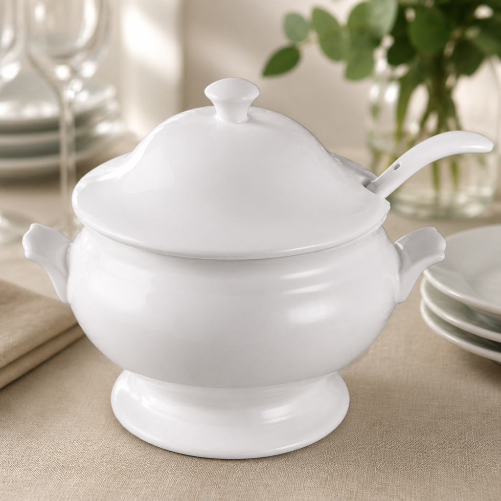 Commercial Soup Tureen with Ladle 2.5L Capacity Ceramic Bowl