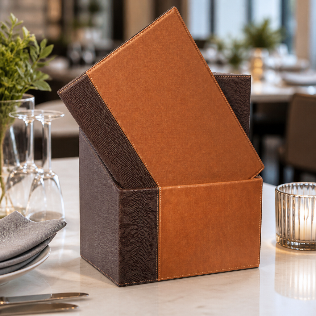 Tan Menu Covers with Storage Box - 20 Pack Commercial Use