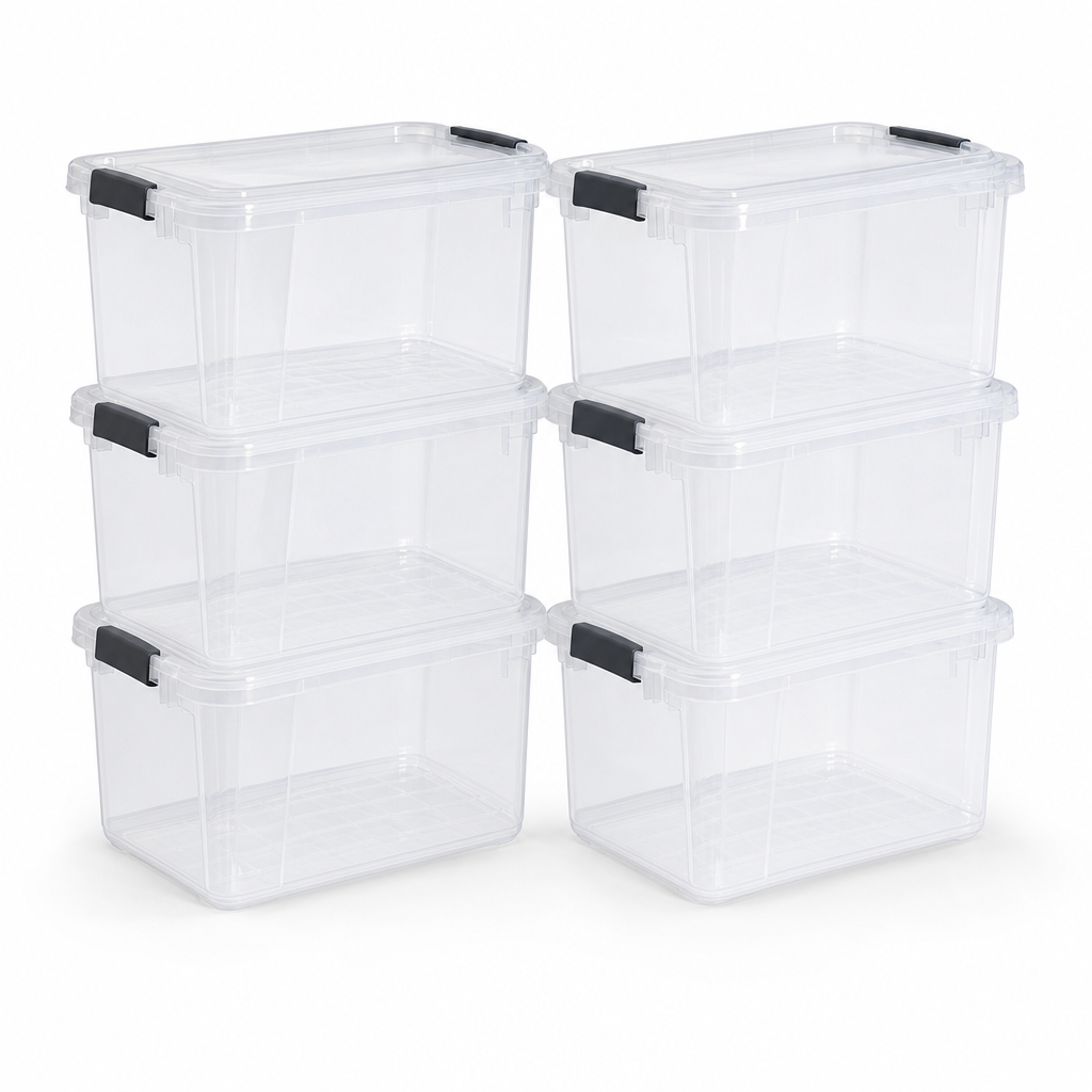 12 Litre Clear Clip Lock Storage Boxes Pack of 6