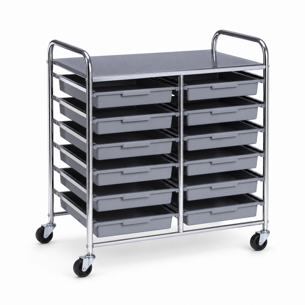12-Tray Mobile Classroom Storage Unit with Shallow Trays