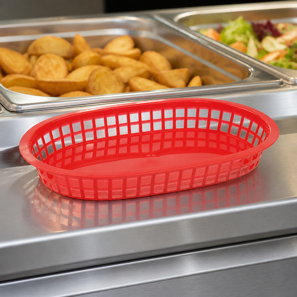 Commercial Oval Polypropylene Food Baskets Red 6 Pack