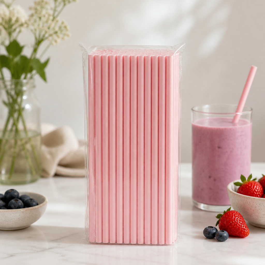 Compostable Paper Smoothie Straws Pink 250 Pack Commercial Use