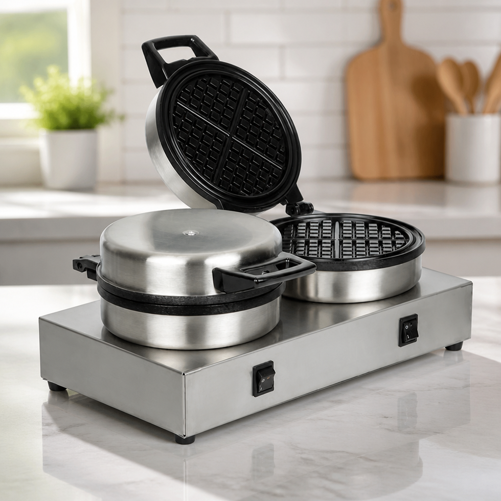 Commercial Double Waffle Iron 60 Waffles Per Hour Capacity