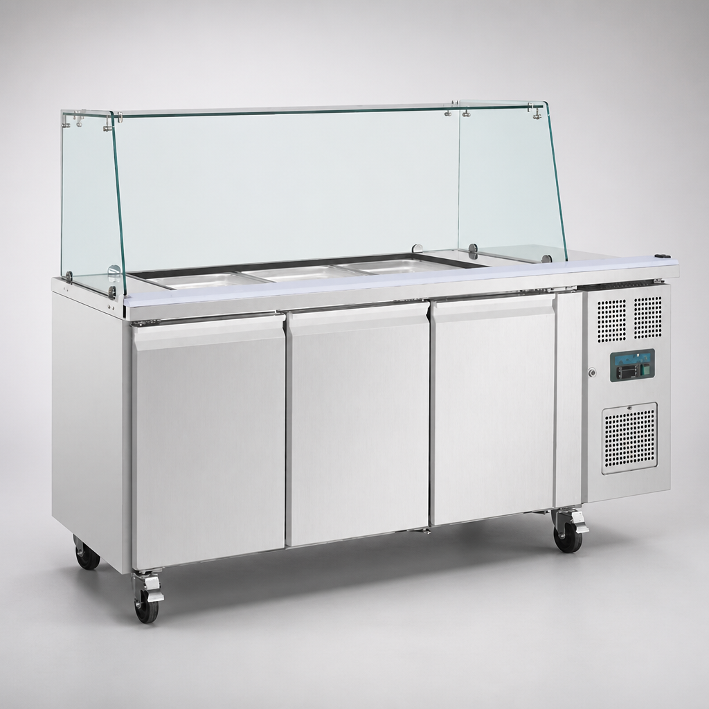 Commercial Saladette Counter 3 Door 456Ltr with Sneeze Guard