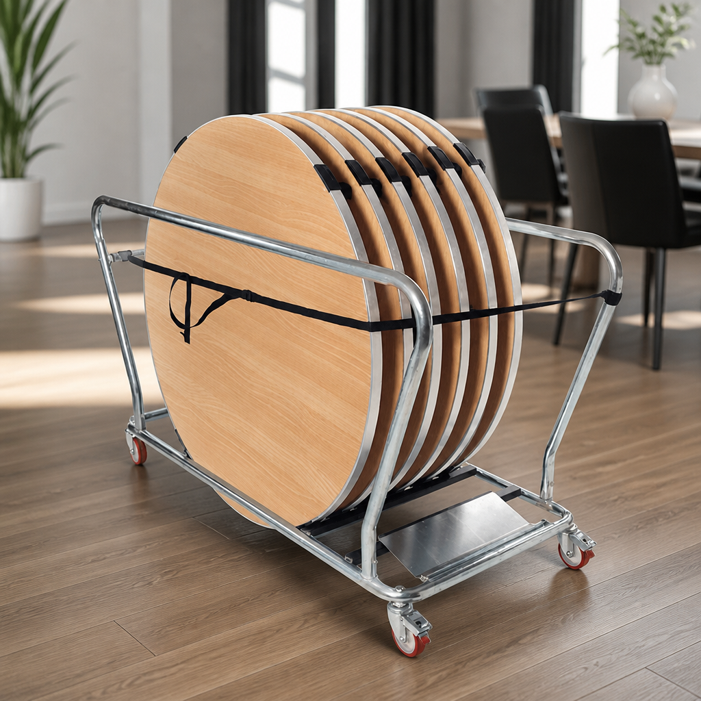 Commercial Round Table Trolley for 6 Tables Storage and Transport