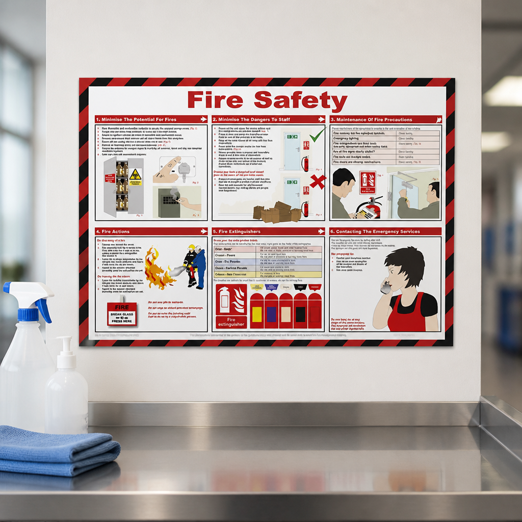Fire Safety Poster 590x420mm Durable Laminated Design