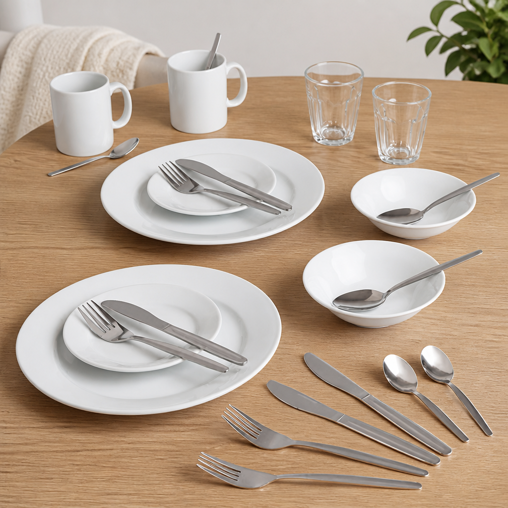 Student Accommodation Crockery and Cutlery Set 4 Place Settings