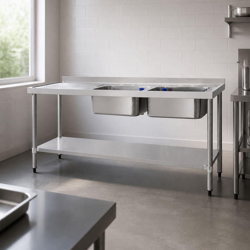 Commercial Double Sink Left Hand Drainer 1800mm Stainless Steel