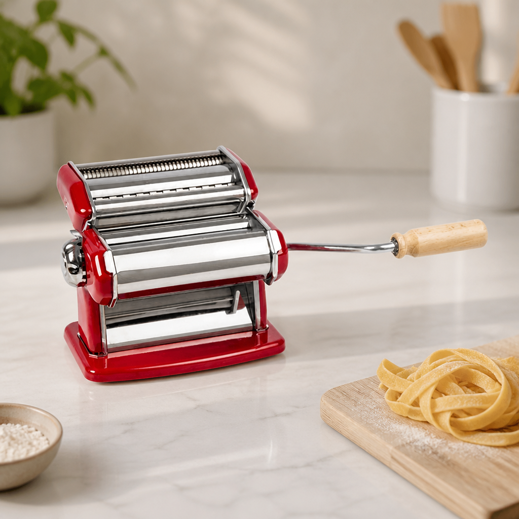 Commercial Manual Pasta Machine with Cutters - Red Finish