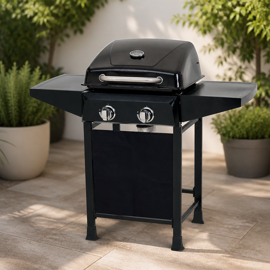 Commercial Gas Grill BBQ 8.7kW with Integrated Lid and Shelves