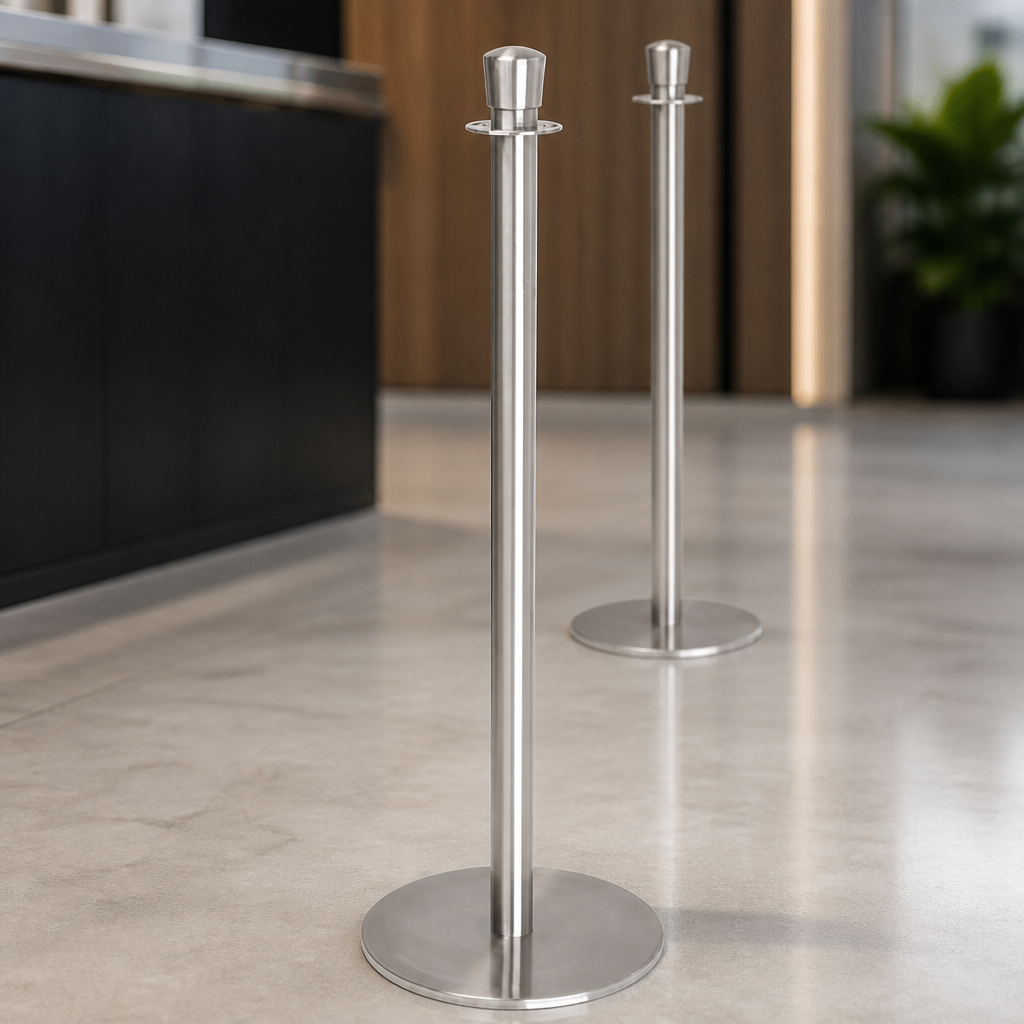 Commercial Flat Base Barrier Posts Brushed Stainless Steel 2 Pack
