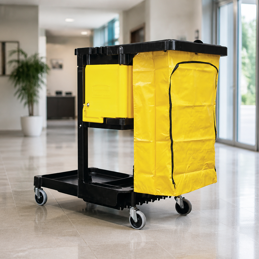 Commercial Janitorial Cleaning Cart with Yellow Bag and Hooks