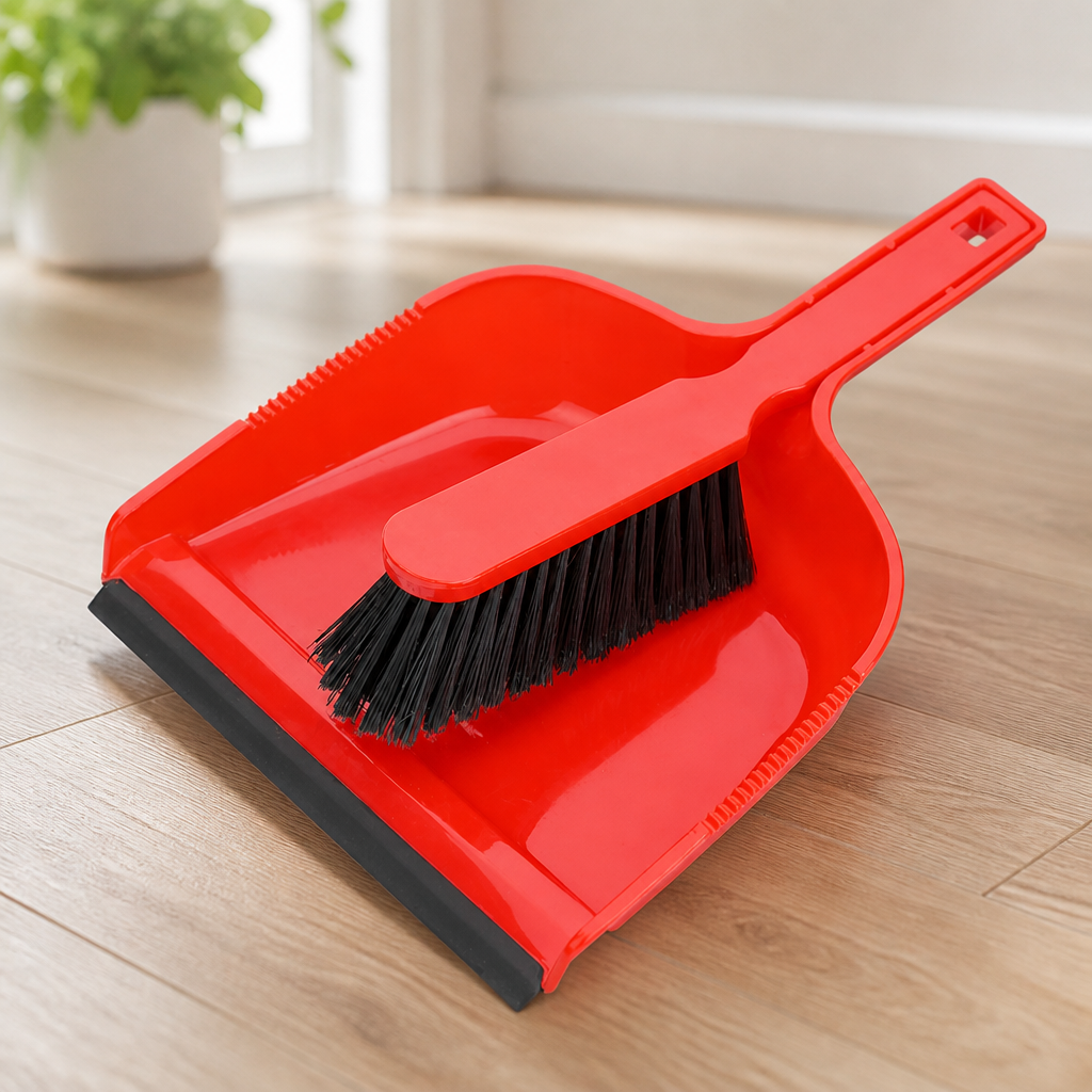 Red dustpan and brush set for quick commercial cleaning