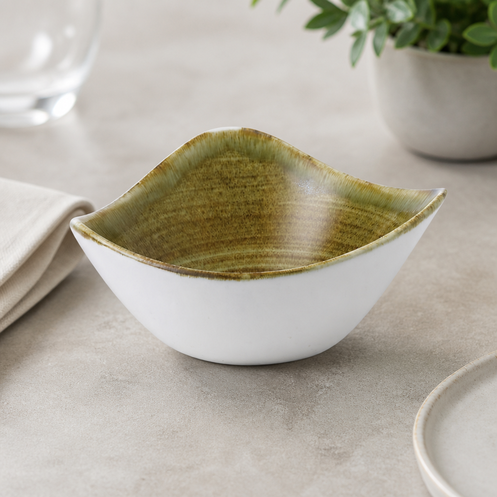 Commercial Olive Triangle Bowls 9oz Super Vitrified Porcelain