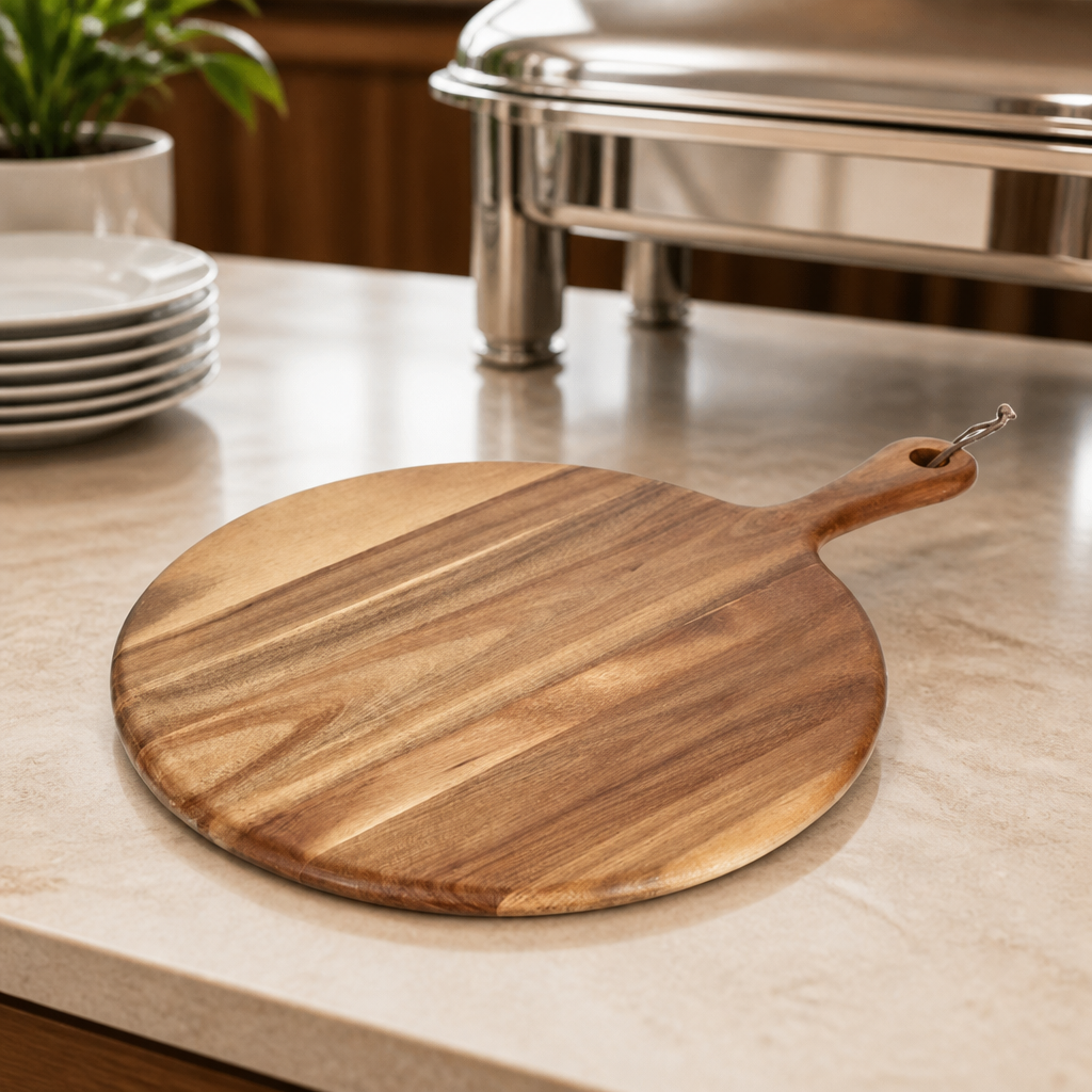 Acacia Wood Round Pizza Paddle Board 355mm Commercial Dinnerware