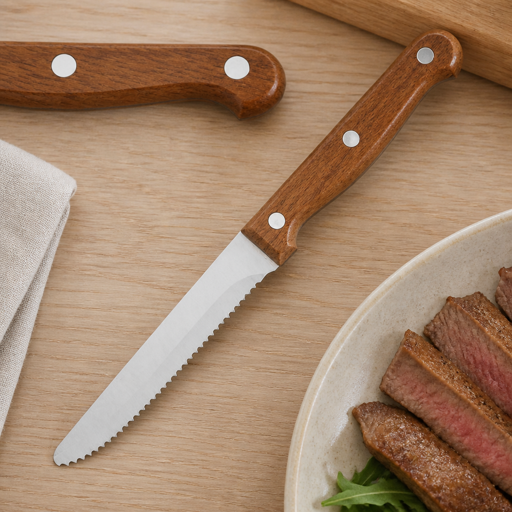 Commercial Rounded Steak Knives Set of 12 with Wood Effect Handles