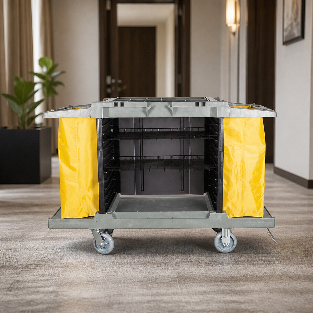 Commercial Housekeeping Trolley with Adjustable Shelves and Bags