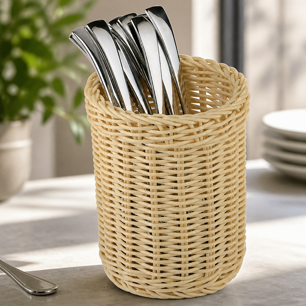 Commercial Polypropylene Round Rattan Cutlery Basket 125mm
