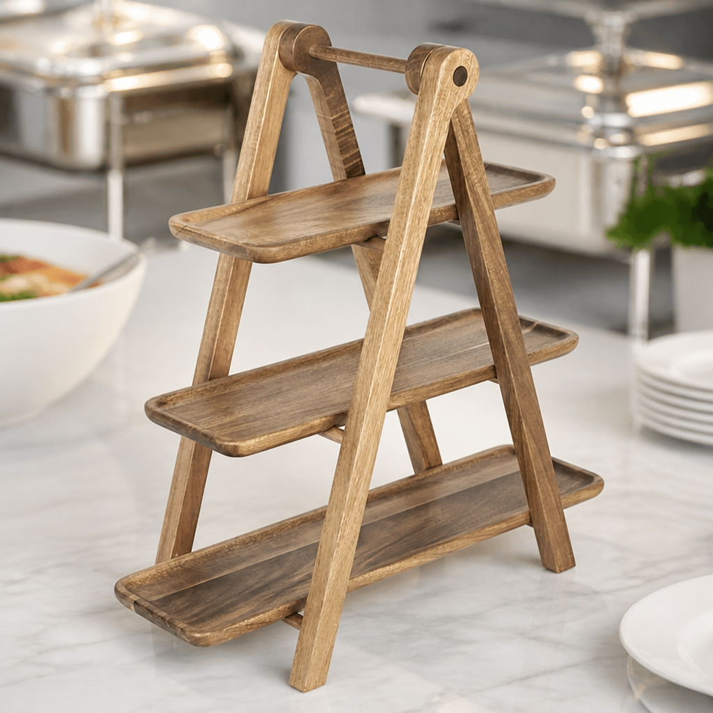 3-Tier Acacia Wood Display Stand for Catering Service