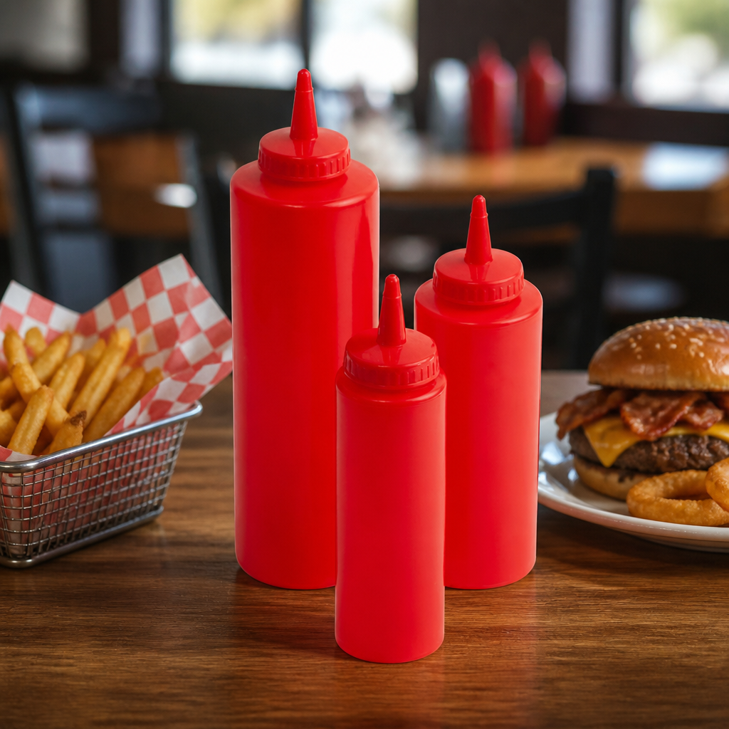 8oz Commercial Squeeze Sauce Bottle Durable Plastic Red