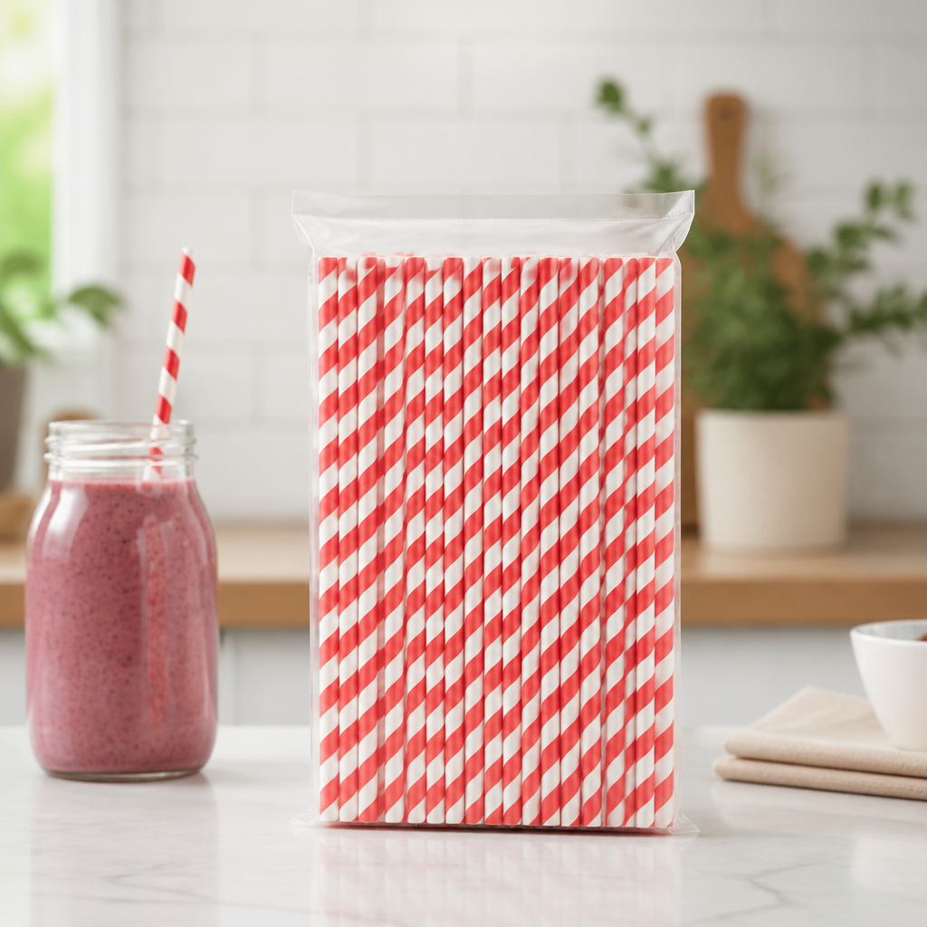 Compostable Paper Smoothie Straws Red Stripes 250 Pack