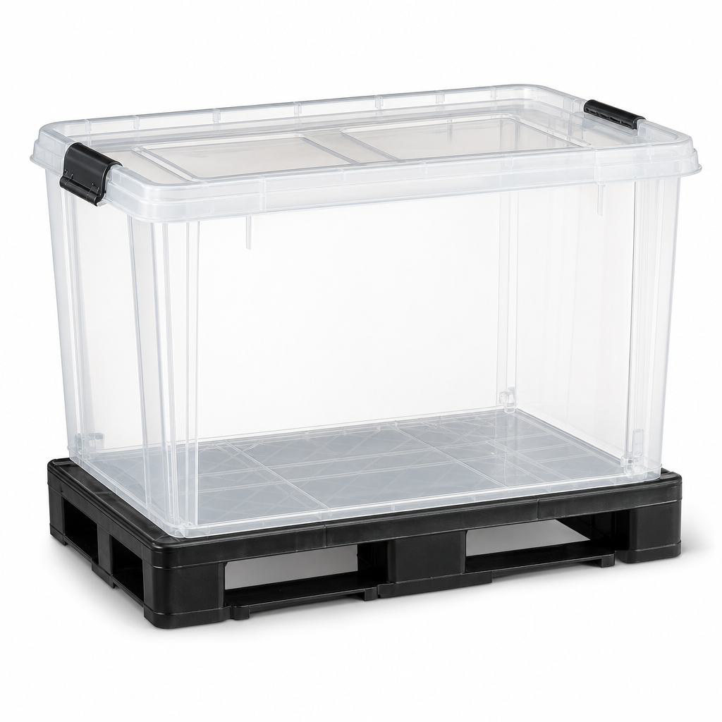 64 Litre Clear Clip Lock Storage Box with Pallet Base