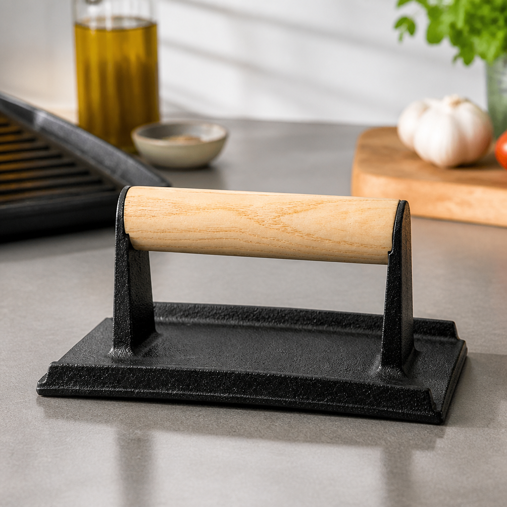 Commercial Cast Iron Meat Grill Press with Wooden Handle