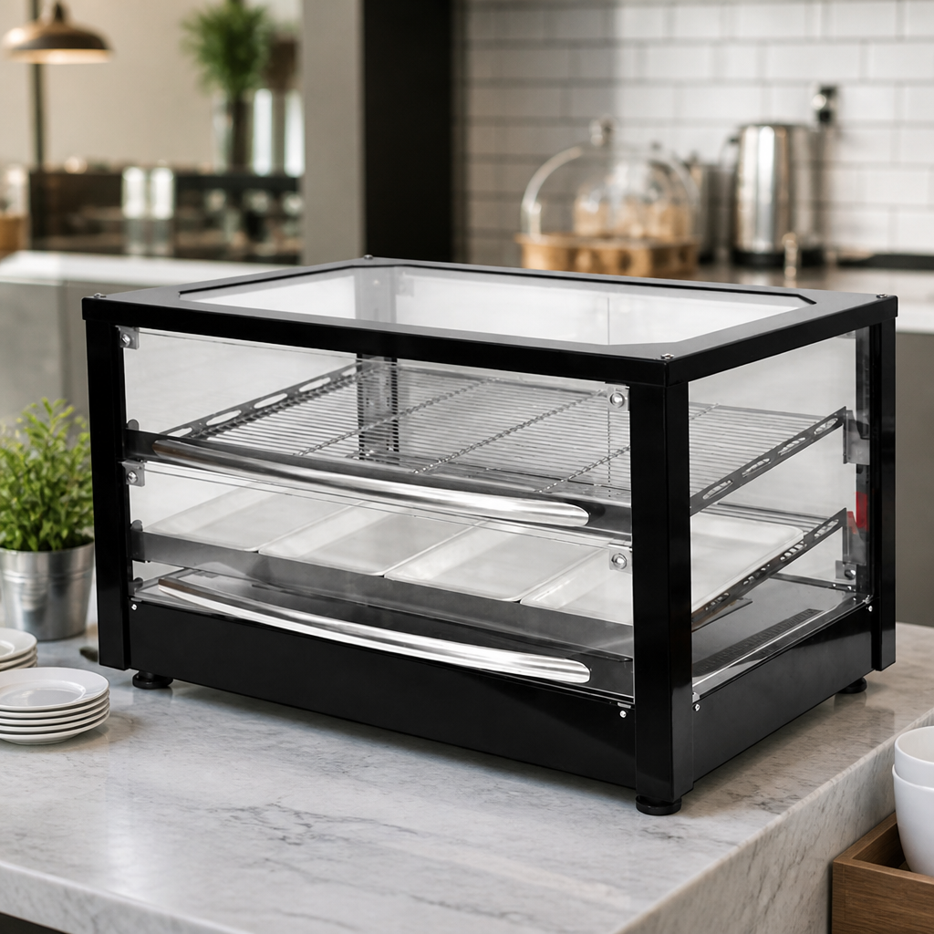 Commercial Heated Display Cabinet 2 Shelves Black Finish