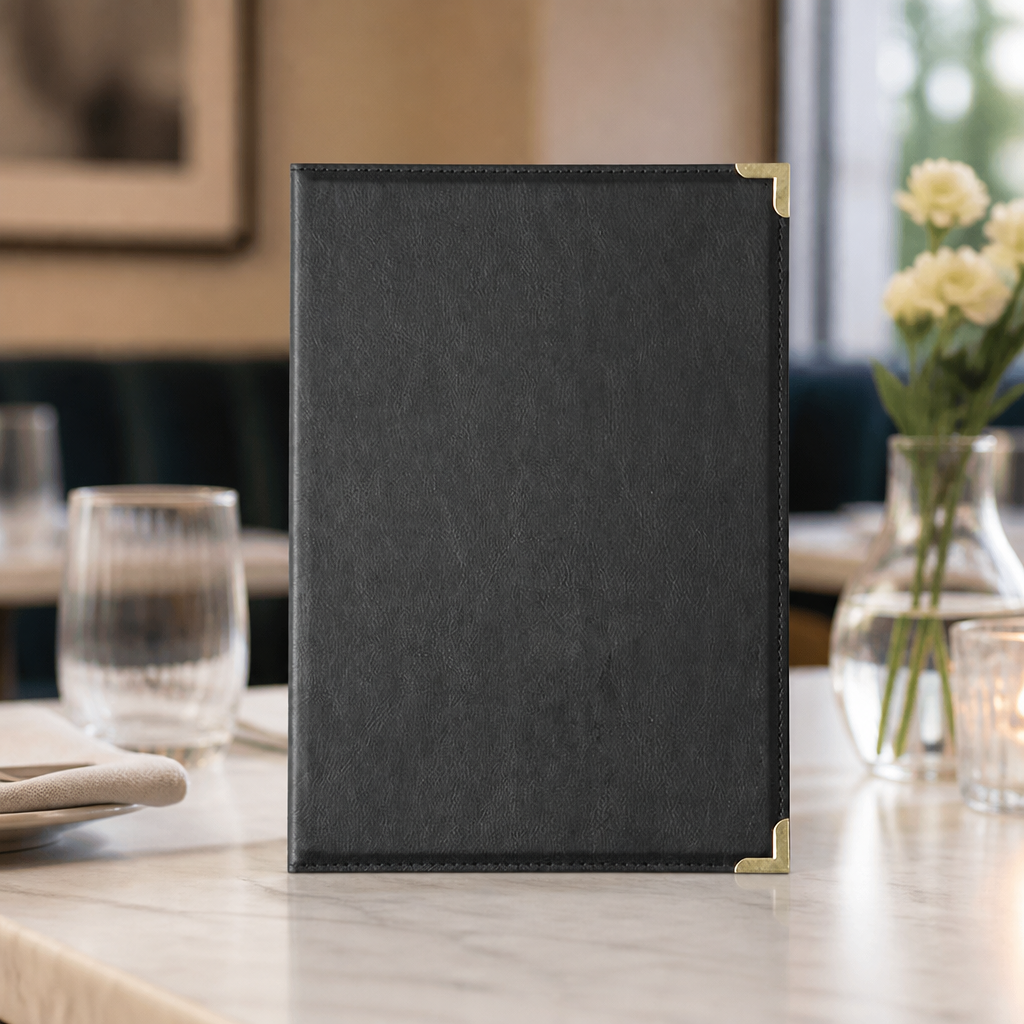 Commercial Faux Leather Menu Cover Black 4 Sheet Display