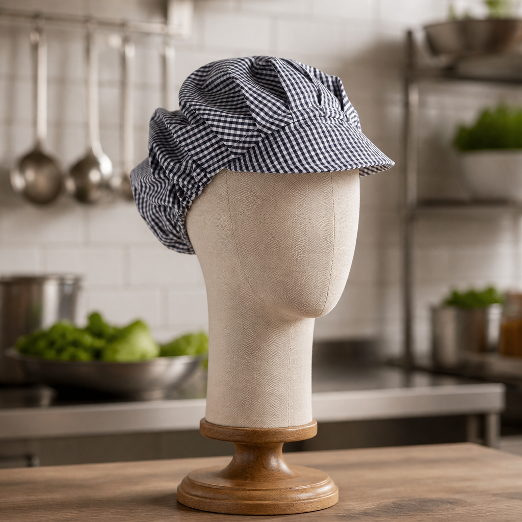 Unisex Cotton Chef Hat Blue & Check for Catering Staff