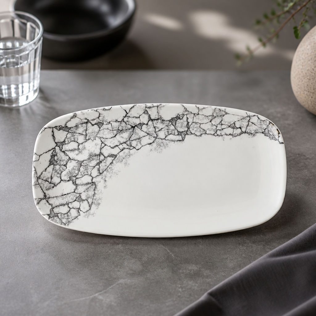 Commercial Kintsugi Oblong Plates Black 355x189mm 6 Pack