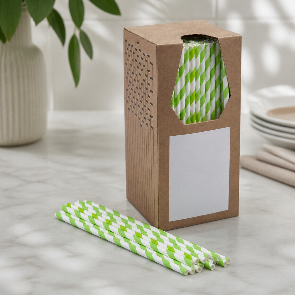 Commercial 6mm Bore Green & Striped Paper Straws 250 Pack
