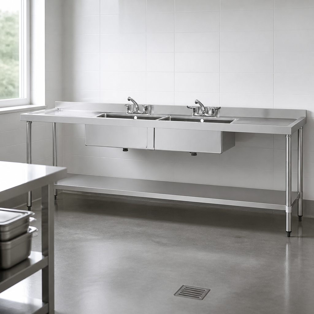 Commercial Double Sink with Double Drainer 2400mm Stainless Steel