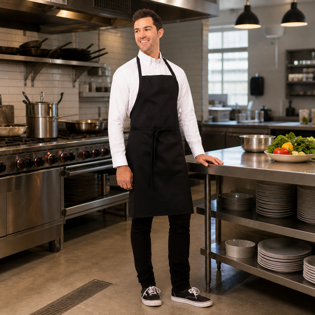 Commercial Black Bib Apron for Restaurant Staff Uniforms