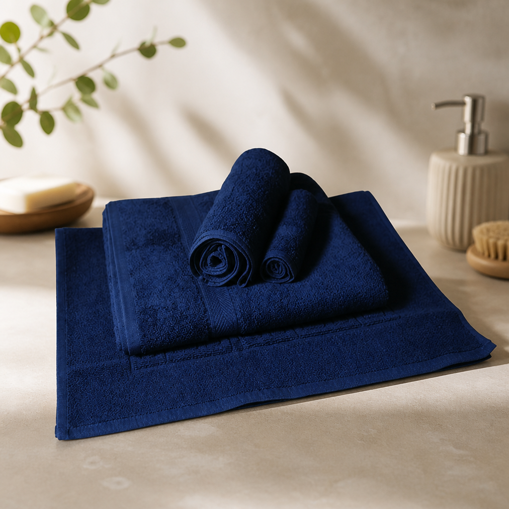 Commercial Navy Towel Set with Bath Mat and Face Cloth