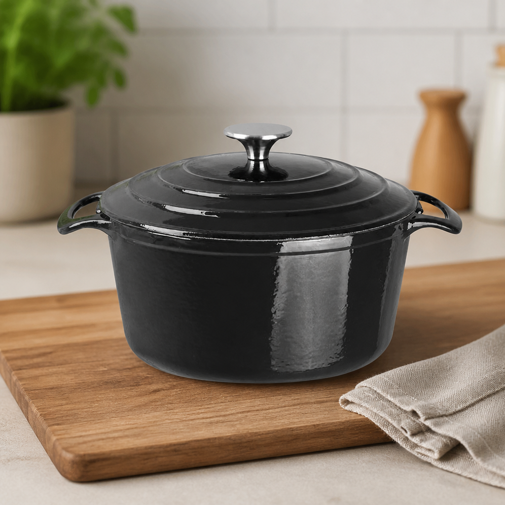 Commercial Cast Iron Round Casserole Dish 4Ltr Black