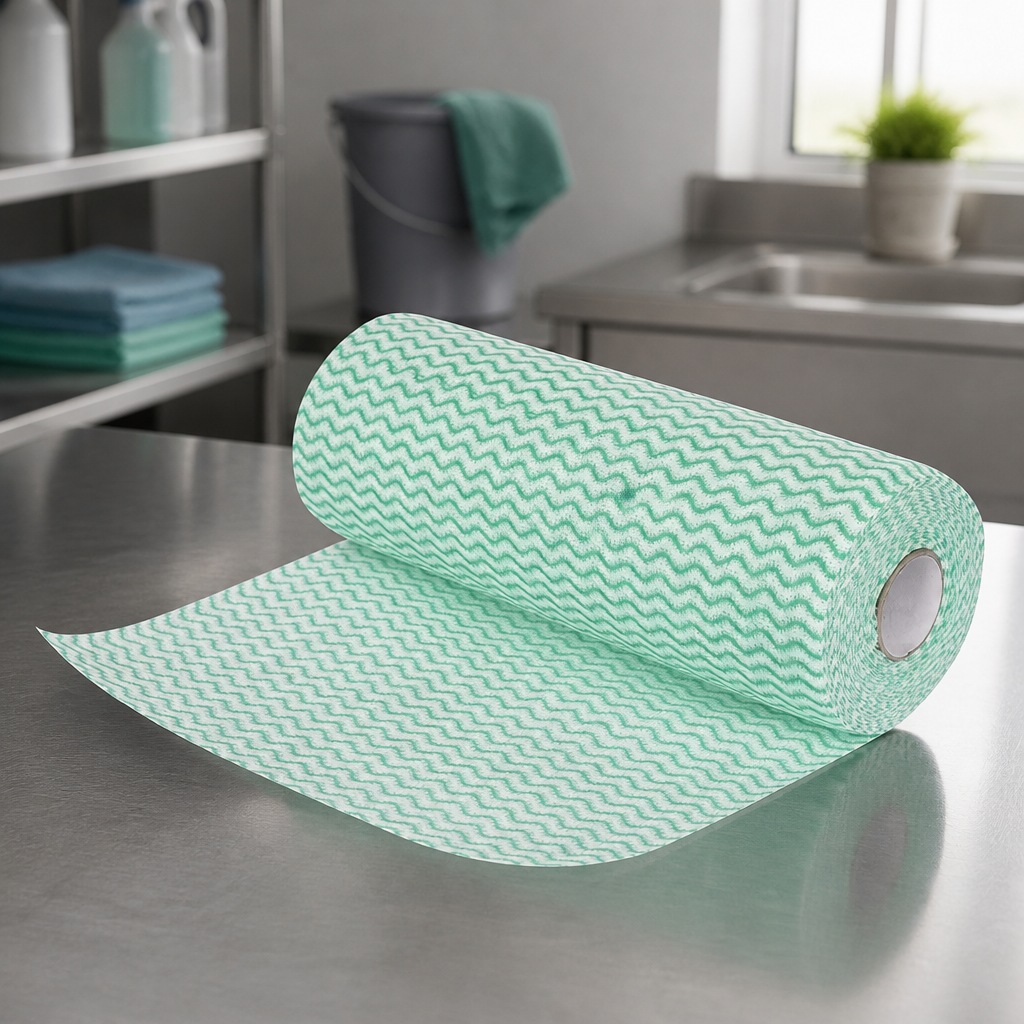 Commercial Non Woven Cleaning Cloths Green Roll of 100 Sheets