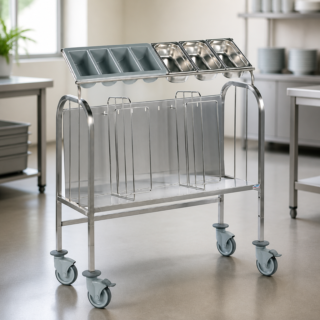 Commercial Stainless Steel Cutlery and Tray Trolley with Castors