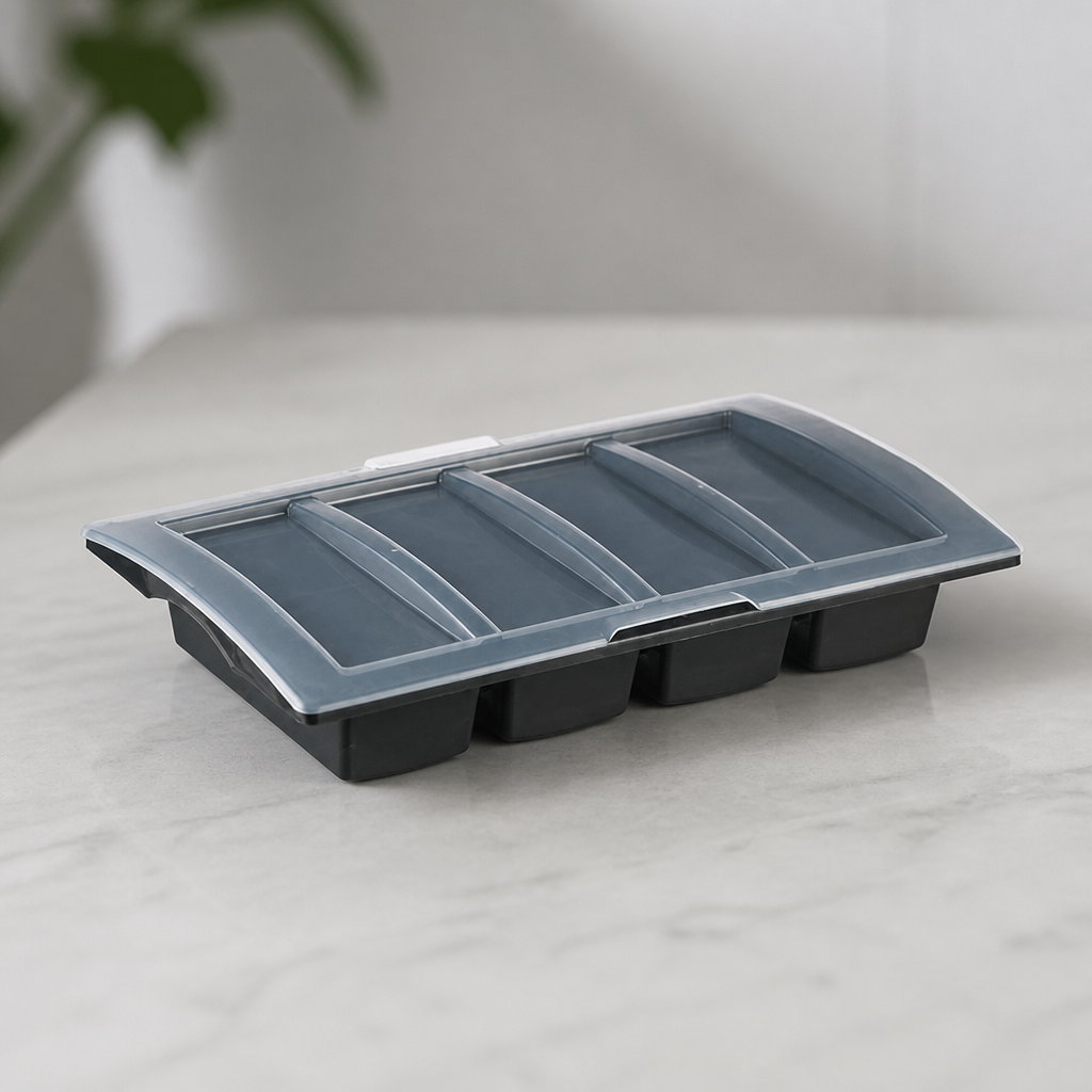 1/1 GN Commercial Cutlery Tray with Lid Dark Grey 4 Compartments