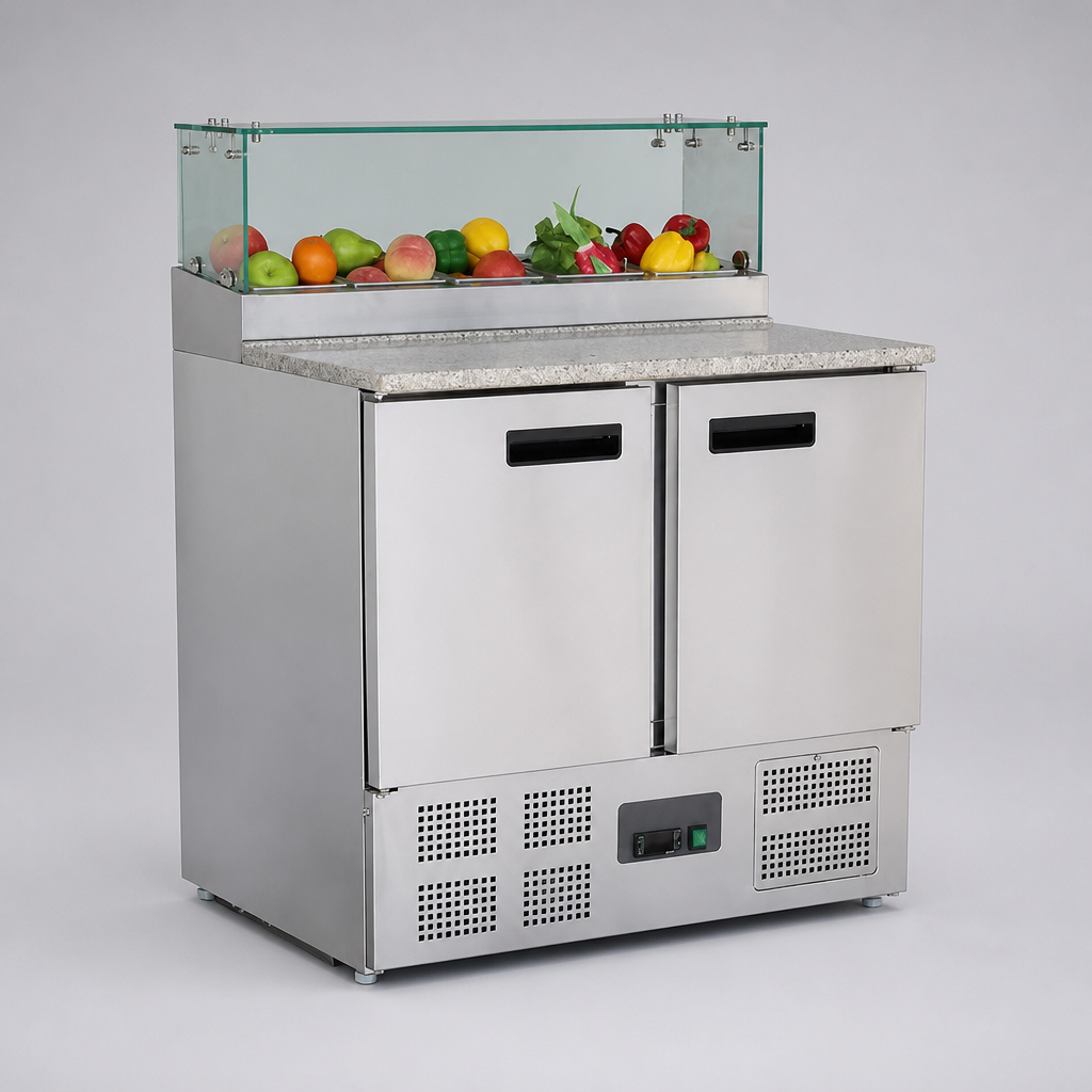 Commercial Pizza Prep Counter 256Ltr with Glass Sneeze Guard