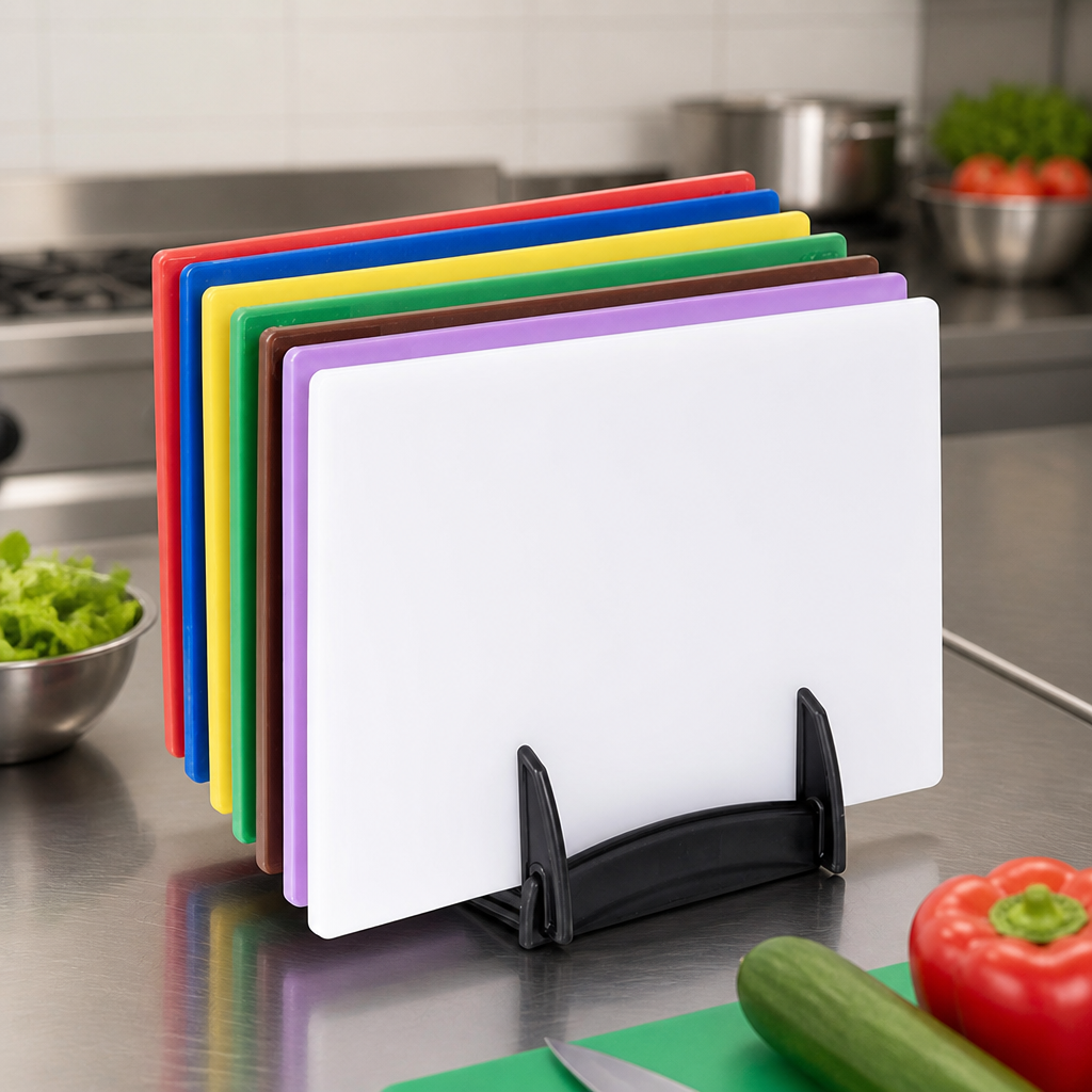 Low density 7-piece plastic chopping board set with rack 450x300mm