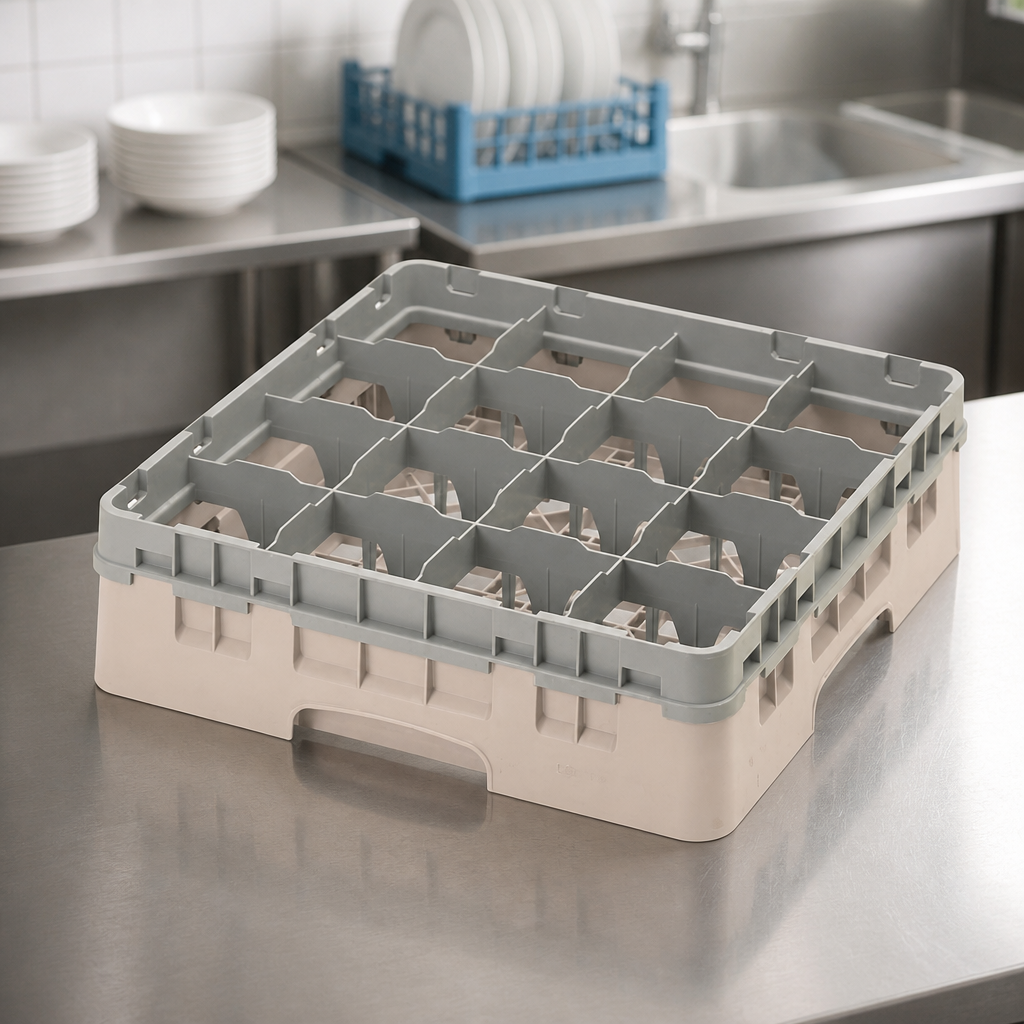 Commercial Glass Rack 16 Compartments Max Height 114mm Beige