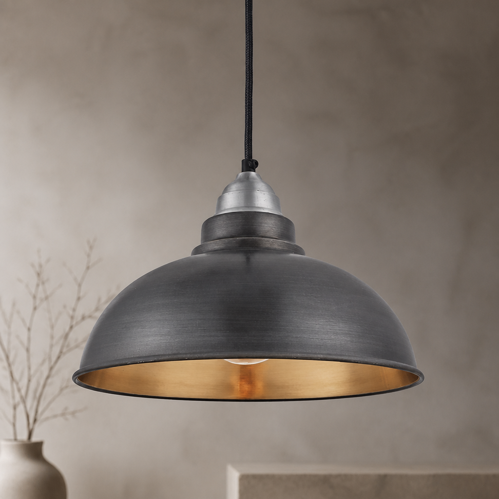 12" Industrial Pendant Light Fixture in Pewter and Brass Finish