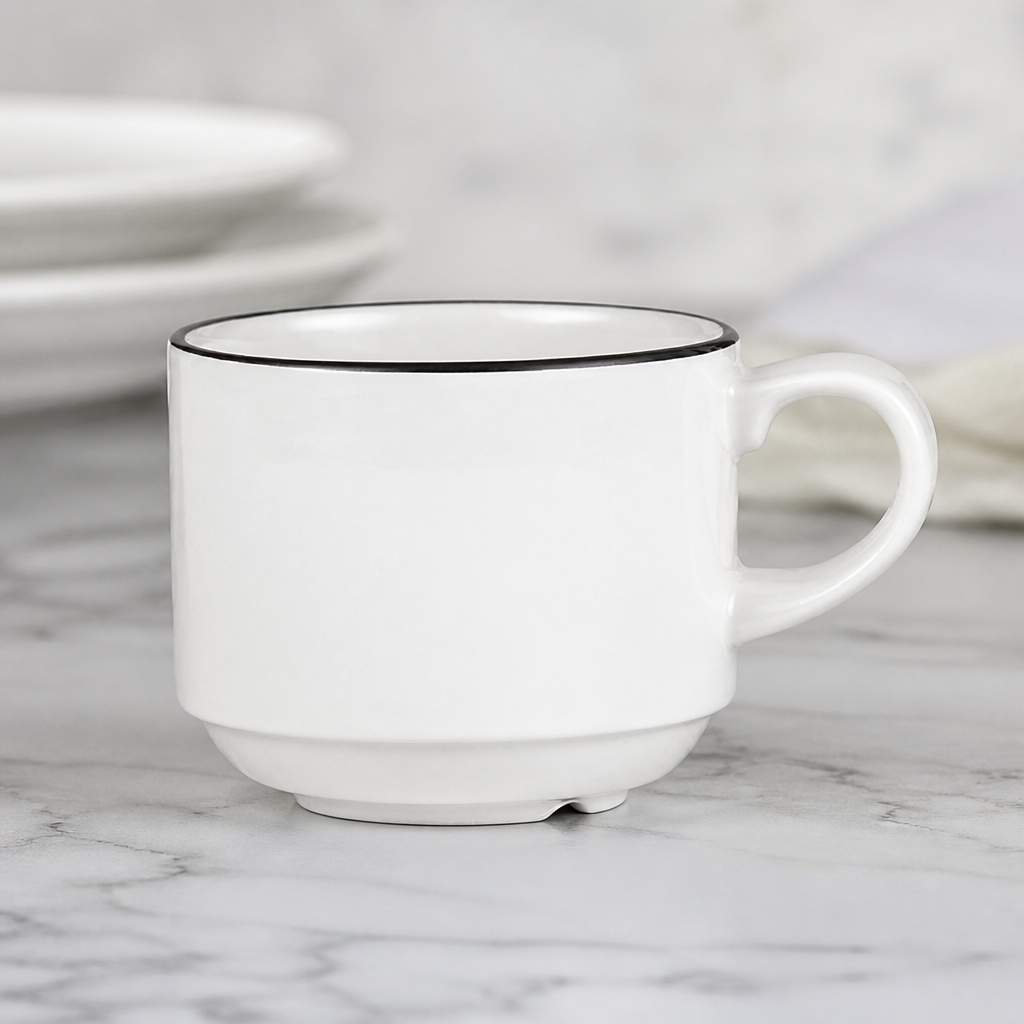 Fine china stacking tea cups 206ml mono design 24 pack