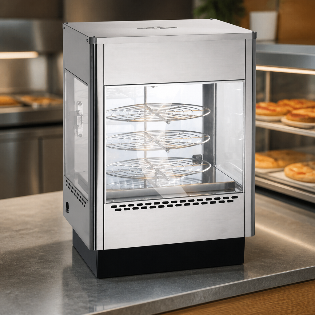 Commercial Pizza Warmer with Rotating Rack and Stainless Steel Finish
