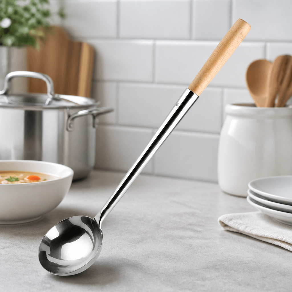 Commercial Stainless Steel Soup Ladle 170ml with Wooden Handle