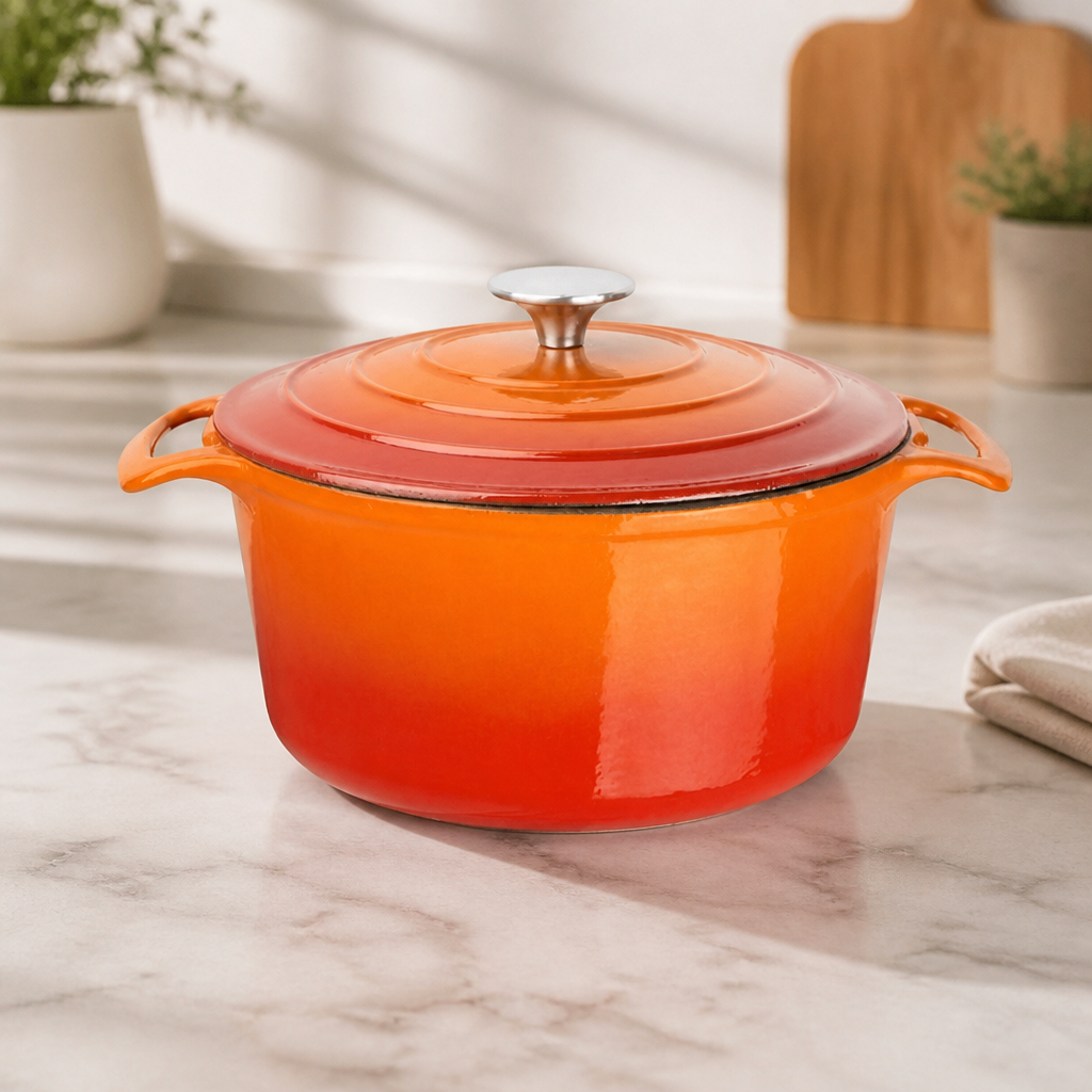 Commercial Cast Iron Round Casserole Dish 3.2Ltr Orange