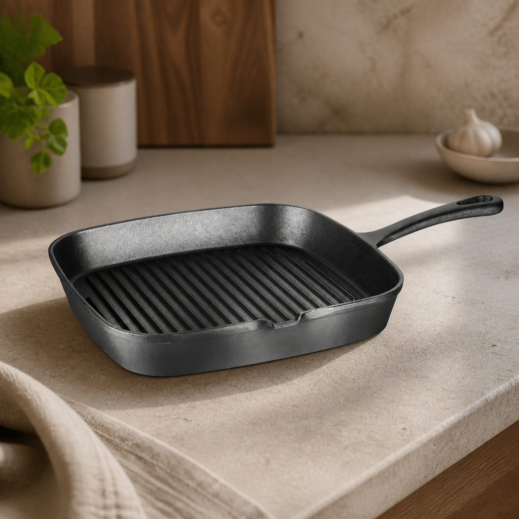 Commercial Square Cast Iron Ribbed Skillet Pan 24cm
